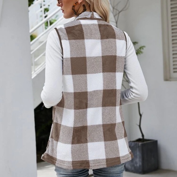 Teddy shearling waterfall open vest jack coat plaid buffalo black white - Picture 8 of 9